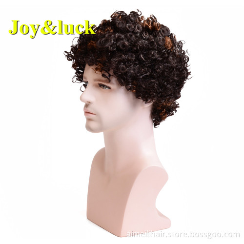 Wholesale Wigs for Men Brown Ombre Gold Color Male Daily or Party Hairstyle Short Natural Curly Men Wigs Synthetic Hair Wigs